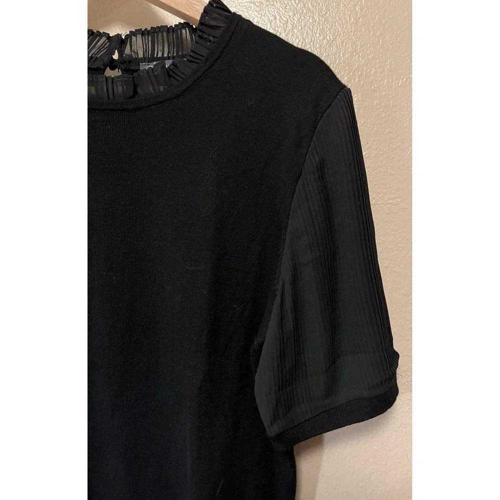 Adrianna Papell Sweater Pleated Short Sleeves and Collar‎ Keyhole Black Size M